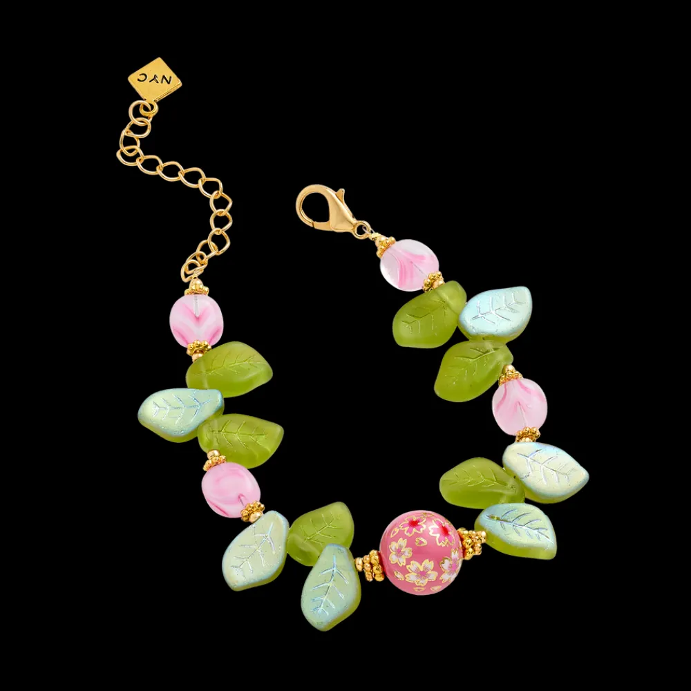 White House Historical Association Cherry Blossom Bracelet with Glass Leaves and Hand Painted Tensha Bead Clearance