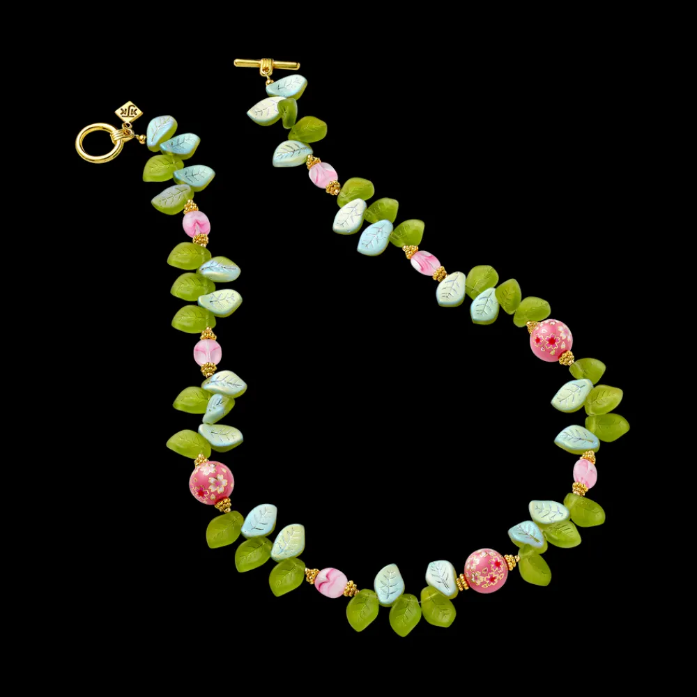White House Historical Association Cherry Blossom Necklace with Glass Leaves and Hand Painted Tensha Bead New