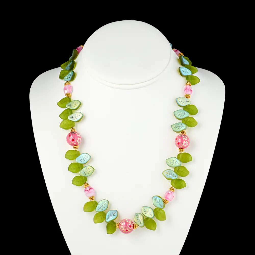 White House Historical Association Cherry Blossom Necklace with Glass Leaves and Hand Painted Tensha Bead New