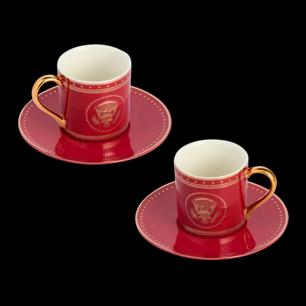 White House Historical Association Red and Gold Truman Seal Espresso Cups with Saucers, Set of Two Flash Sale